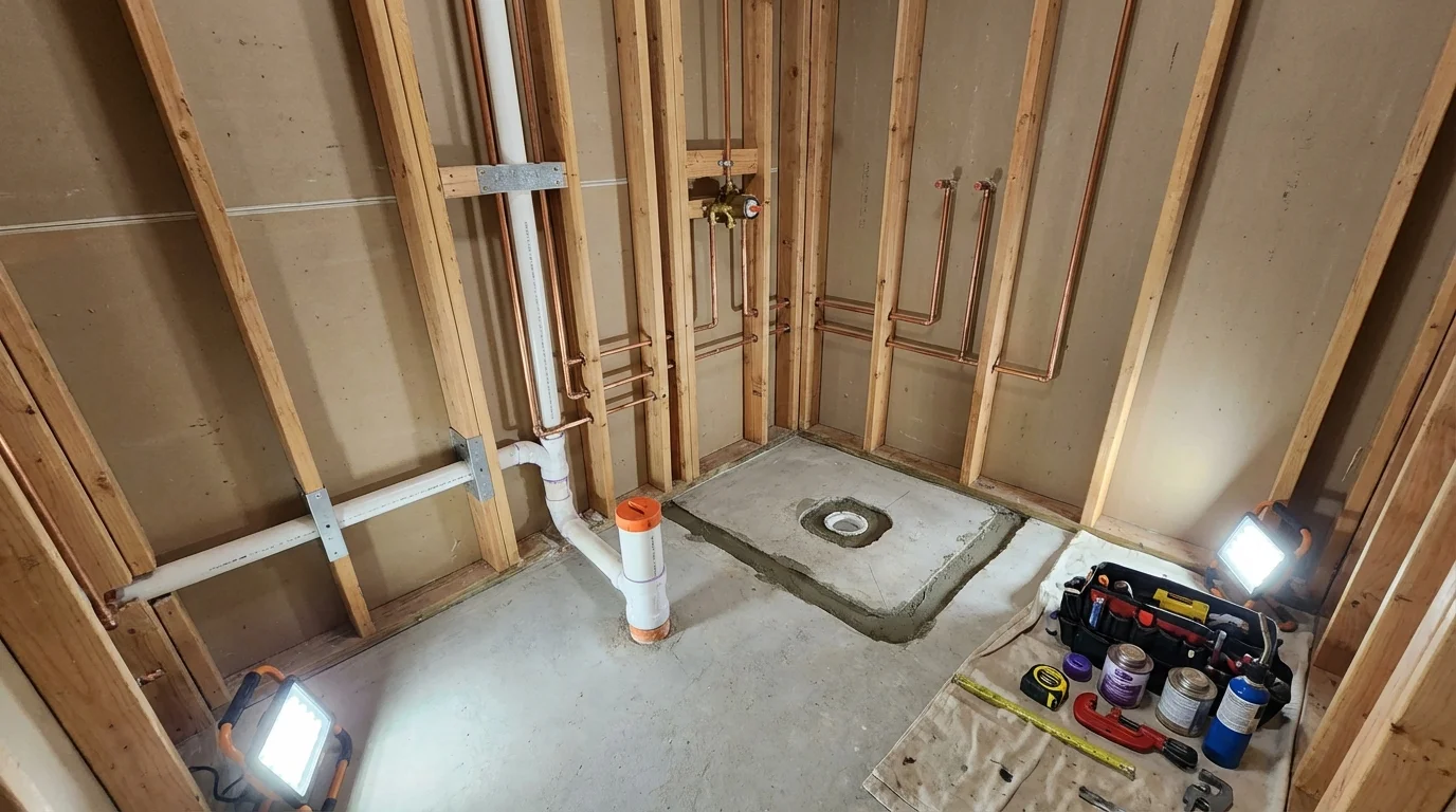 Bathroom rough-in plumbing during remodel by Johns Plumbing LLC in Florence